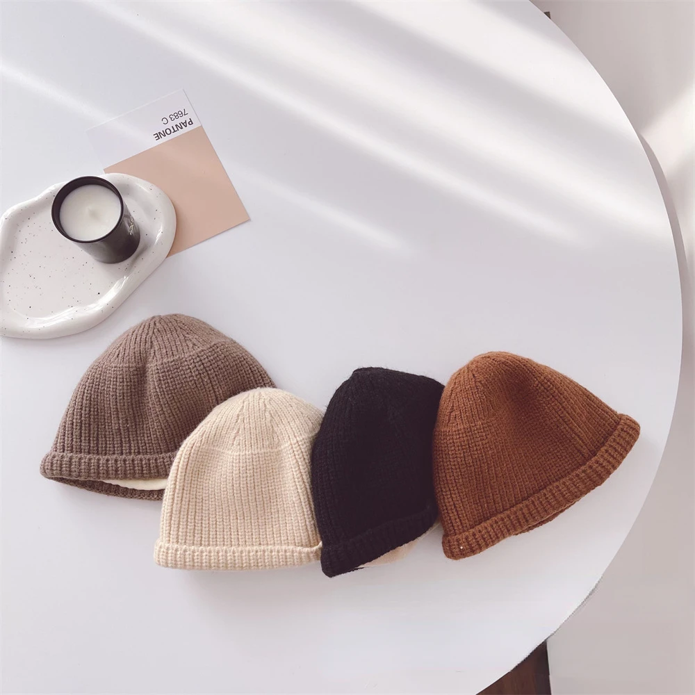 Japanese Simple Children Thickened Wool Hat Solid Color with Lining Boys and Girls Wool Cap  Baby  Beanie Accessories Newborn