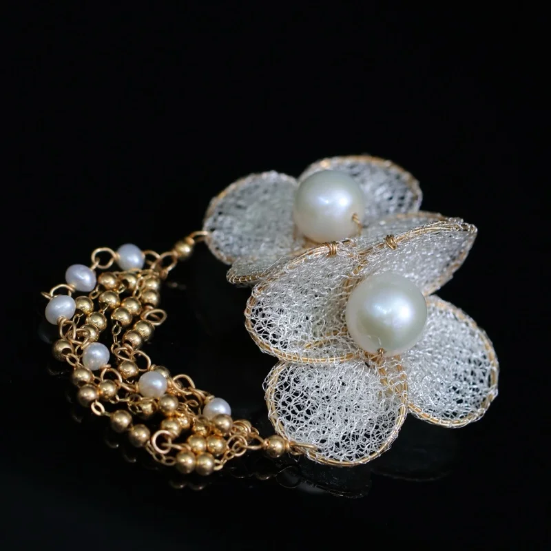 

SGARIT DIY Flower Shaped Design 14K Gold Filled Brooch Natural Freshwater Edison Pearls Elegant Lapel Pin for Women