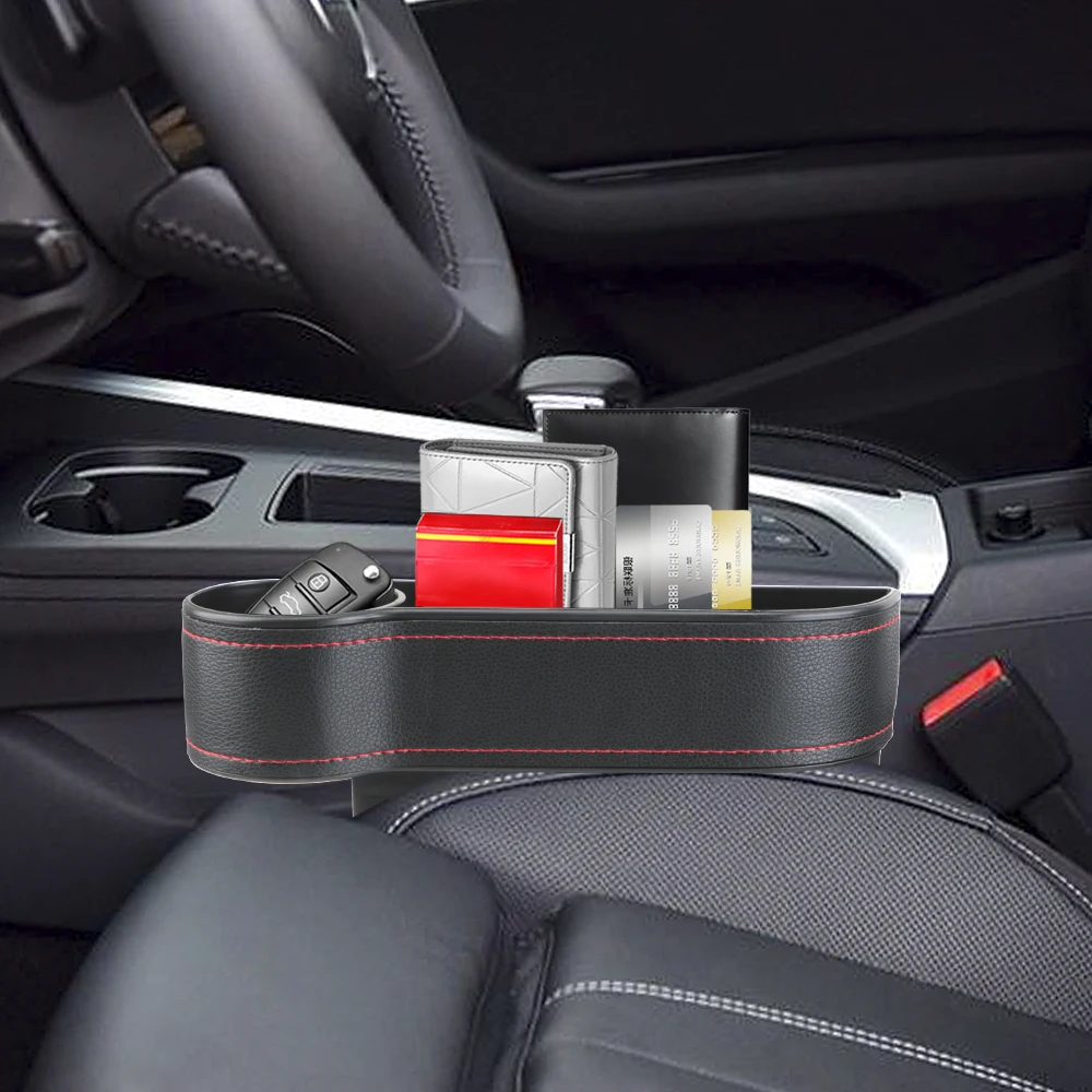 충전 구멍이있는 범용 좌석 갭 슬릿 박스 전화 병 키 홀더 상자 가죽 자동차 좌석 갭 보관 상자 자동차 주최자