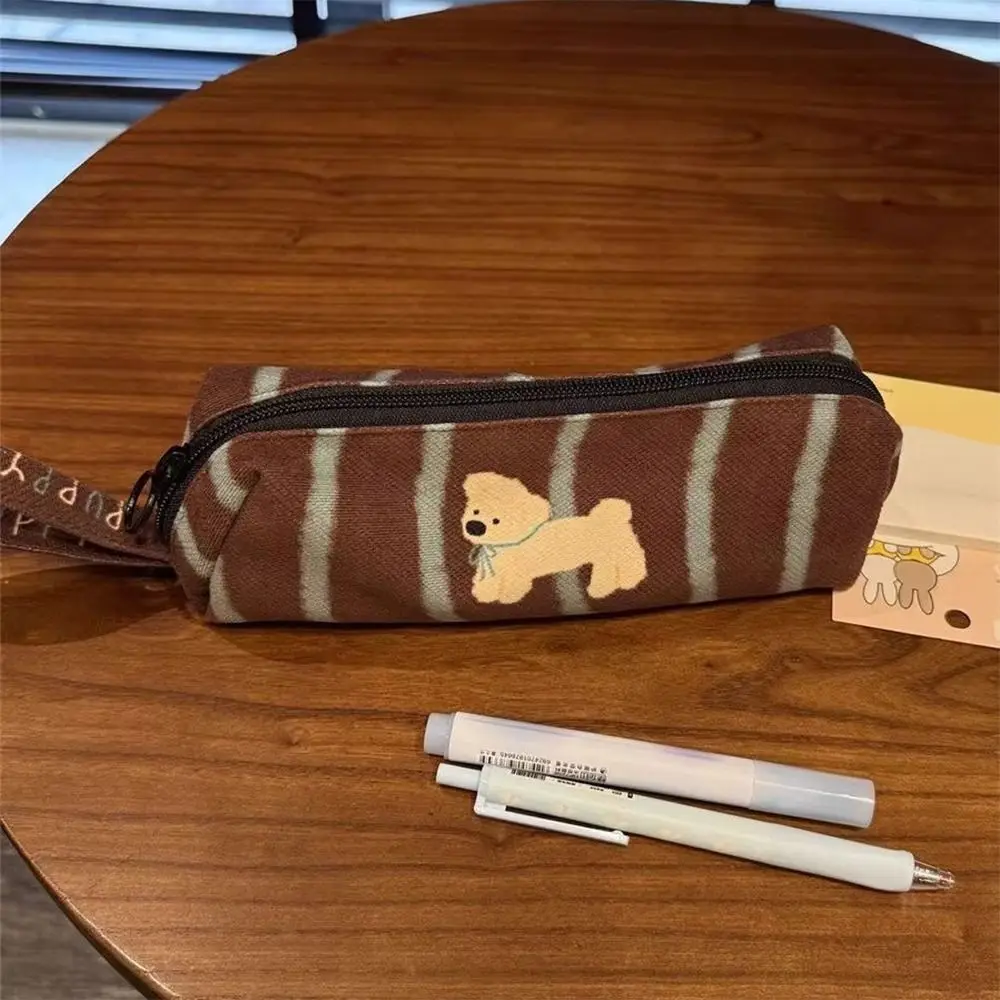 Portable Striped Puppy Pattern Storage Bag Large Capacity Handheld Pencil Case Zipper Design Pen Bag School Office