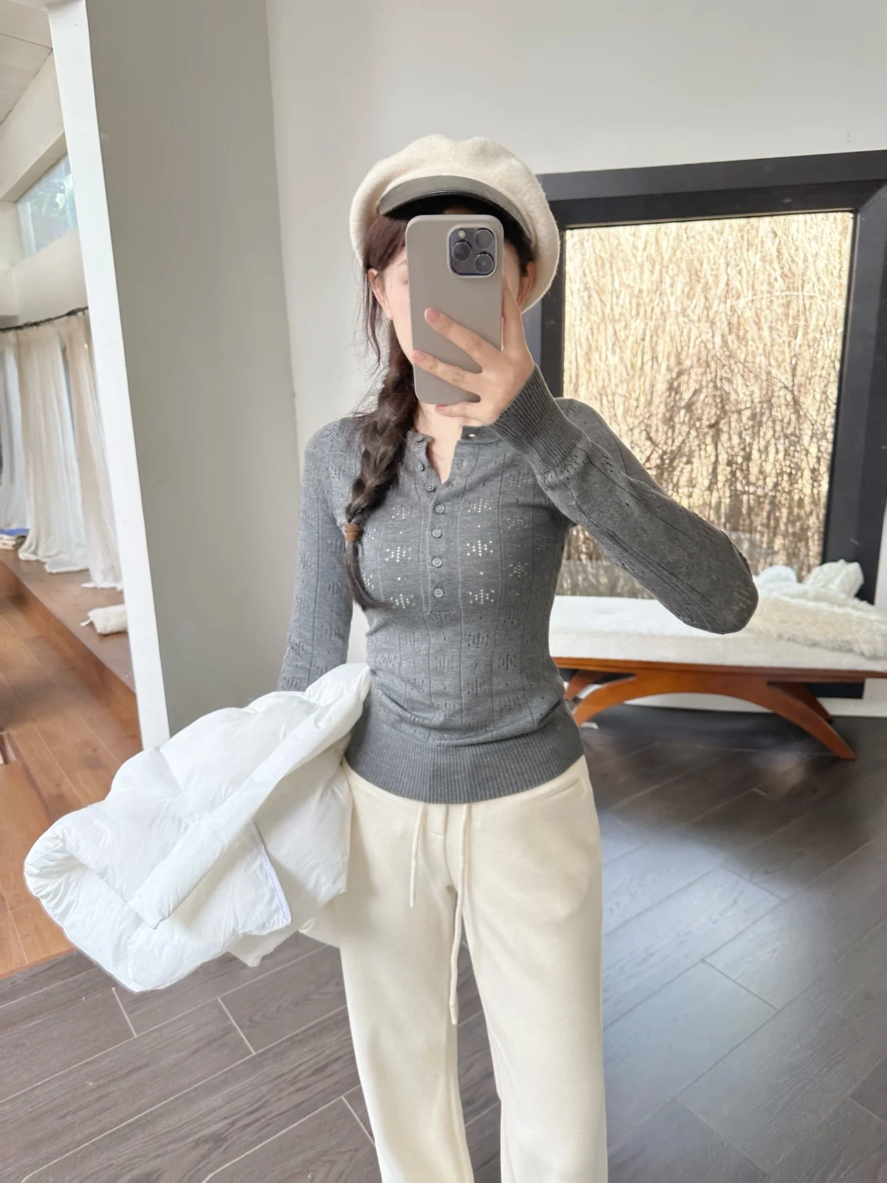 

Slim Fit Knitted Long Sve Hollow out Thin Top f Open Collar ey Retro Faionable Beloved Golden Girl Commute Sle Wo...