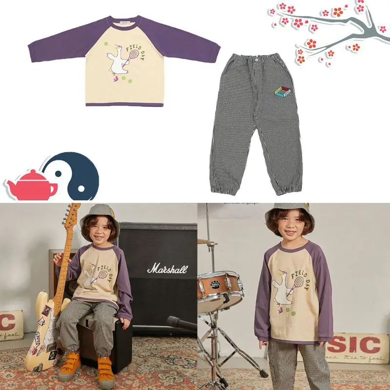 

Jenny&Dave 2023 Autumn New Children's Leisure Cute Print Raglan Long Sleeve T Stripe Pants Set for Children