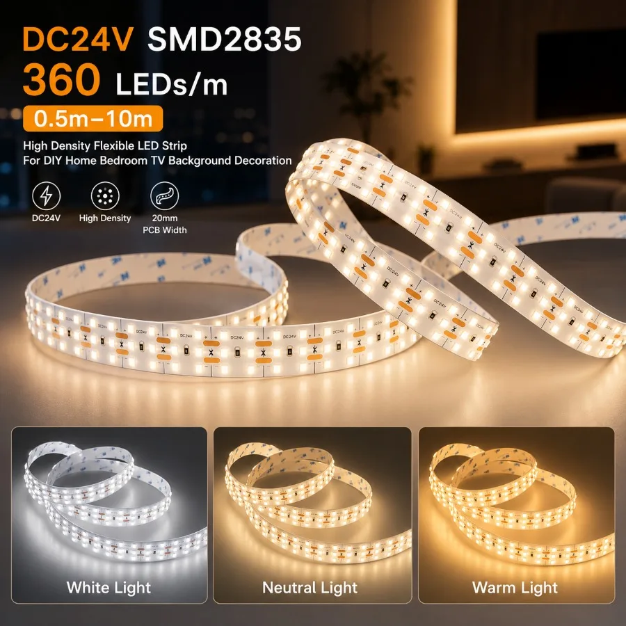 0.5M-10M Triple Three Rows 2835 LED Strip DC24V 360LED/M Flexible Lighting TV Backlight Cabinet Stair Mirror Indoor Ornament
