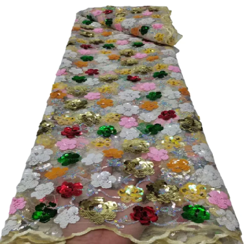 

2022 Heavy Sequins Women's Textile Sewing Material 5 Yards High Quality Sequins Embroidery African Lace Fabric For Bridal