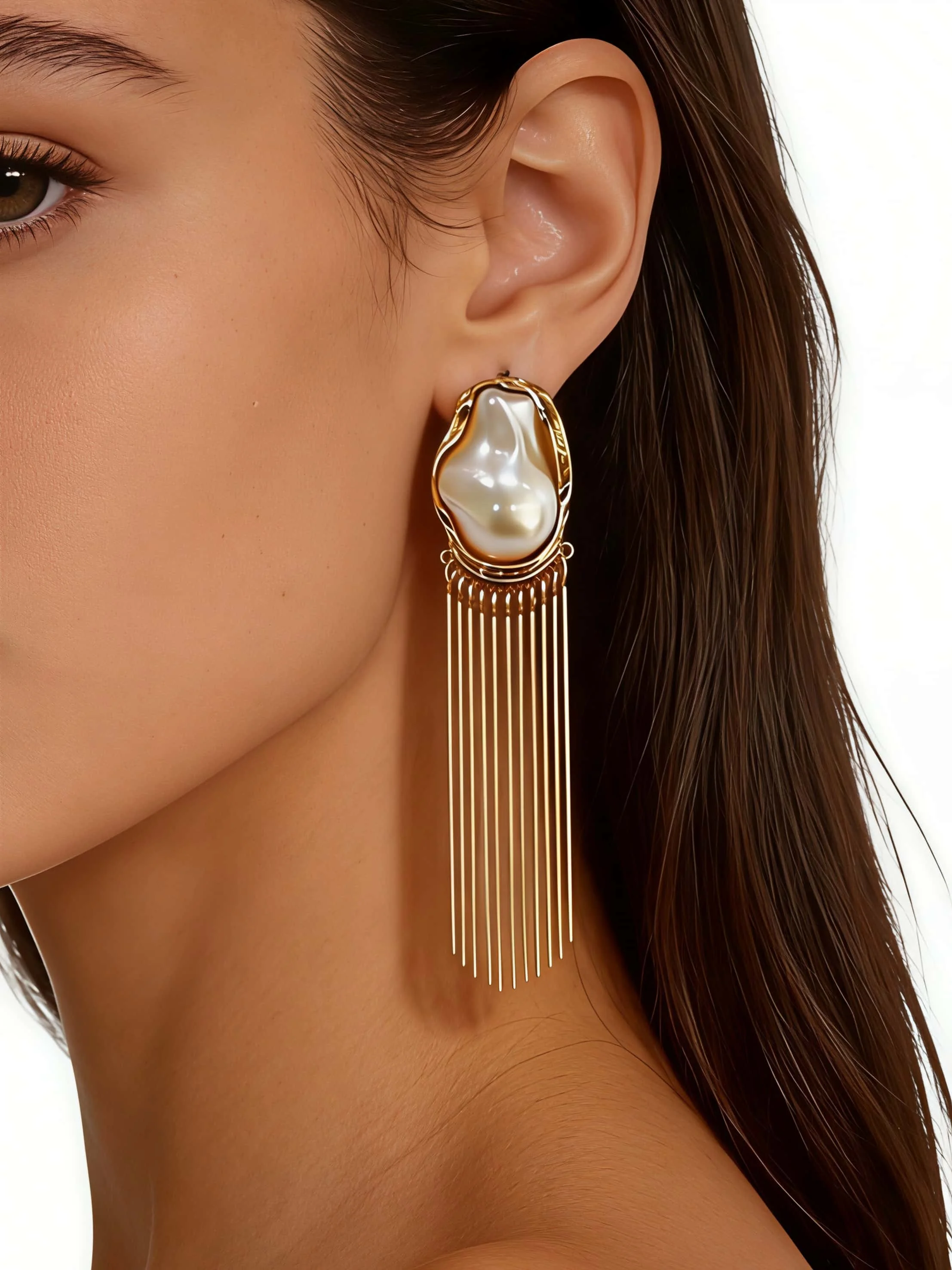 Fashionable Ladies Dangle Earrings with Baroque-Style Irregular Pearl Design Long Metal Line Tassel Elegant Pair of Jewelry