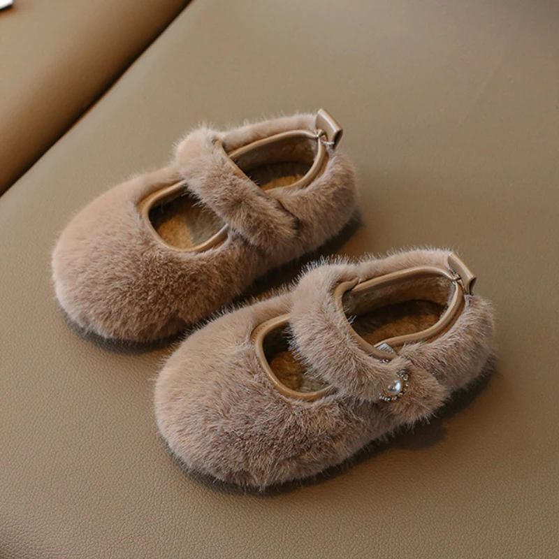 Children Flat Shoes Autumn Winter Plush Warm Princess Girls Shoes Outdoors Non-slip Kids Cotton Shoes Fashion Shallow Mary Janes