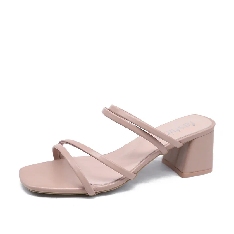 High Heels Slippers Women Sexy Sandals Ladies Square Heels Summer Slippers Outside Tied Female Slides 2023 Fashion Woman Sandals