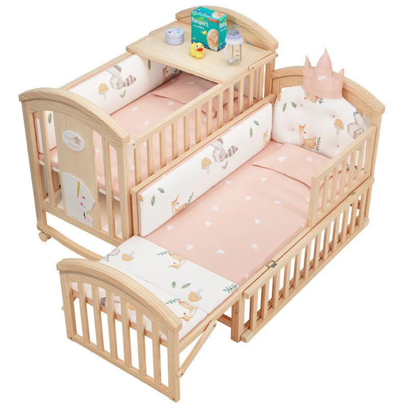 Crib Splicing Queen Bed European Mobile Children's Bed Solid Wood Multifunctional Cradle