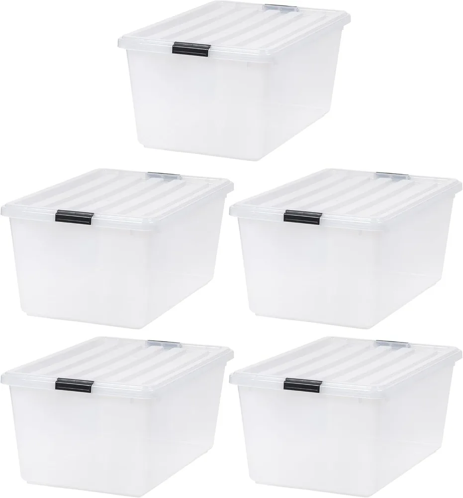 

IRIS USA 68 Quart / 17 Gal. Stackable Plastic Storage Bins with Lids and Latch Buckles, 5 Pack - Pearl, Large Containers