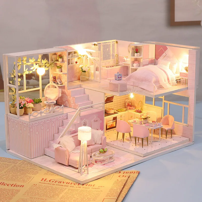 Case per bambole in legno fai-da-te kit da costruzione in miniatura principessa Casa con mobili Casa delle bambole a Led per regali di compleanno per ragazze