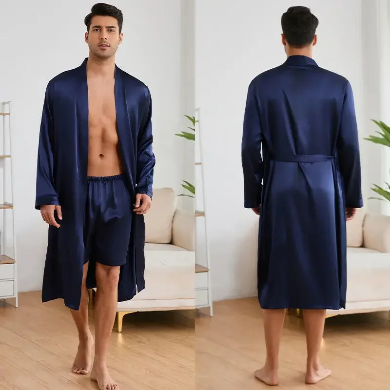 Men 2 Pieces Sleepwear Leopard Bathrobe Set Satin Kimono Peignoir Homme Long Mens Sexy Sleepwear Loungewear Home Dressing Gown