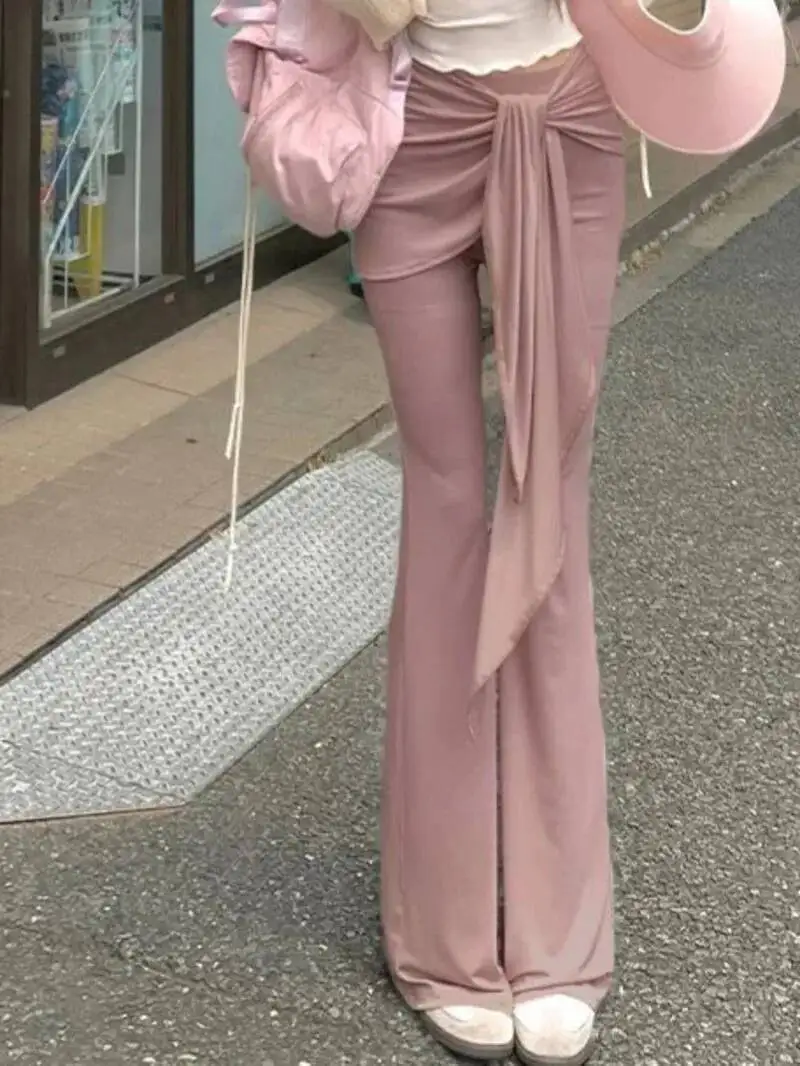 2026 Early Autumn New High Waisted Lace Up Fake Two Piece Casual Pants Women High Elastic Solid Slim Micro Flared Pants O3SW