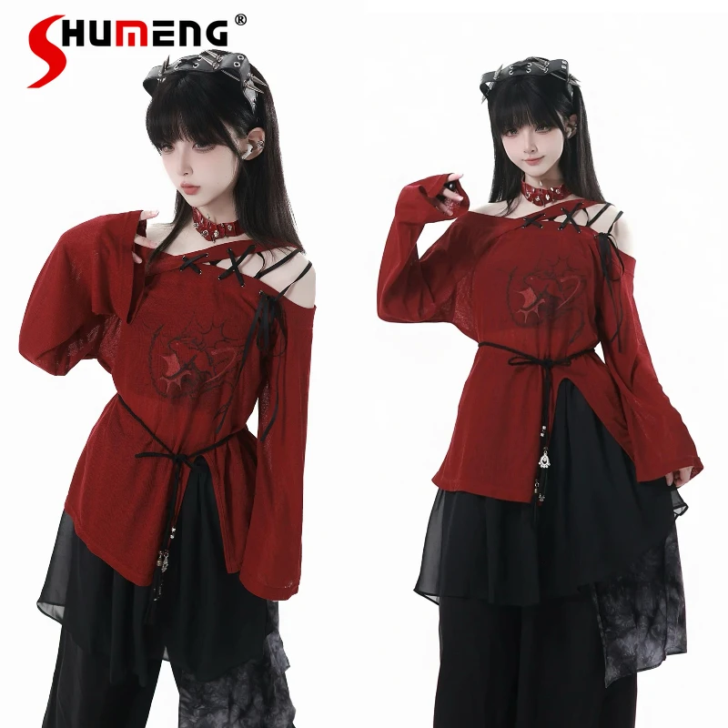 

Original Design Girls Sweet Cool Streetwear Autumn 2025 New Woman's Japanese College Style Punk Red T-Shirt Pullover Pant Outfit