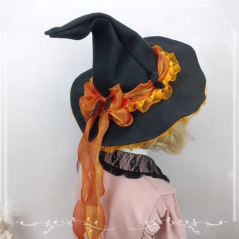 Cappello da strega di Halloween originale fatto a mano Cappello da mago a punta Cappello a cilindro gotico scuro Lolita per ragazze