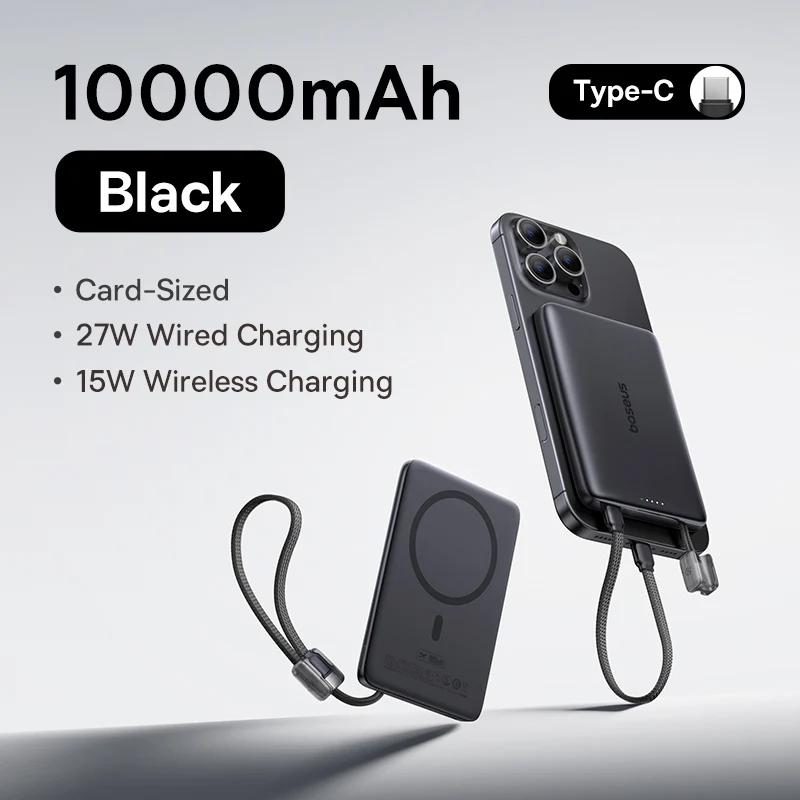 【CCC】Baseus 10000 mAh magnetische powerbank 15 W draadloze PD 27 W bedraad snel USB-C/iP-kabel opladen voor iPhone 17 Samsung Xiaomi
