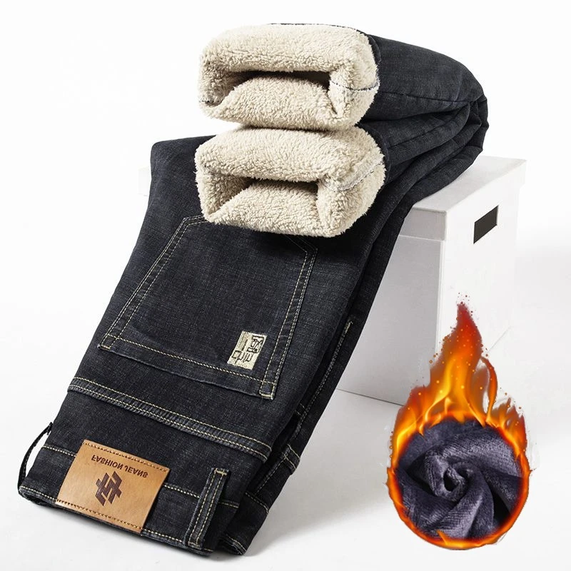 

Мужские осенне-зимние утолщенные теплые джинсы на флисовой подкладке, мужские модные свободные прямые джинсовые брюки, элегантные повседневные облегающие брюки