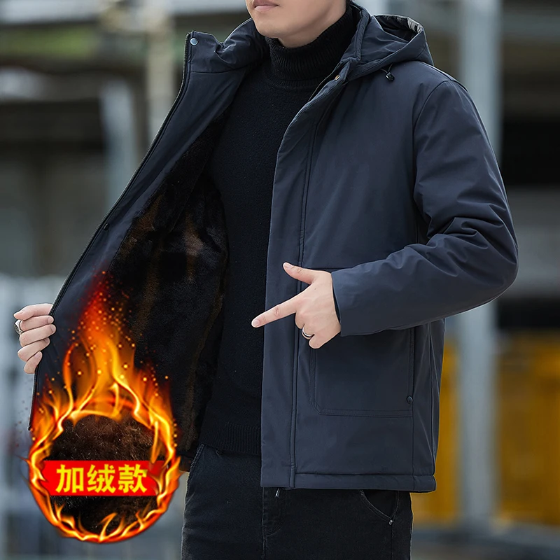 

Men Fashion Hooded Outwear Men Thick fleece warm Casual Thicken Cotton Jacket Winter Parka Windproof Warm Coat Hooded Plus Size