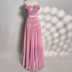 Customized  Pink Chiffon Evening Dress with 3D Flowers Pearls A-Line V-Neck Spaghetti Straps Sleeveless Zipper Back Pa