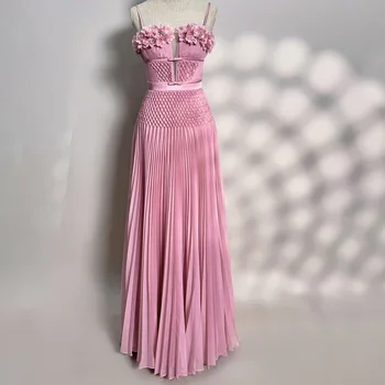 Vestido de noite de chiffon rosa personalizado com flores 3d pérolas linha a decote em v alças espaguete sem mangas zíper voltar vestido de festa