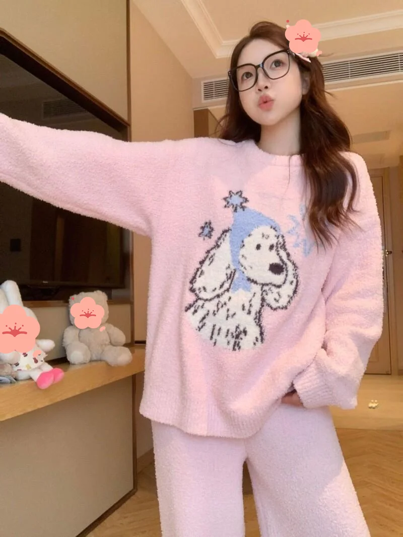 half-pile Women's pajamas fleece-lined pink Comfortable Sleepwear cartoon puppy sweet girl Cotton Pajama Set homewear suit ﻿