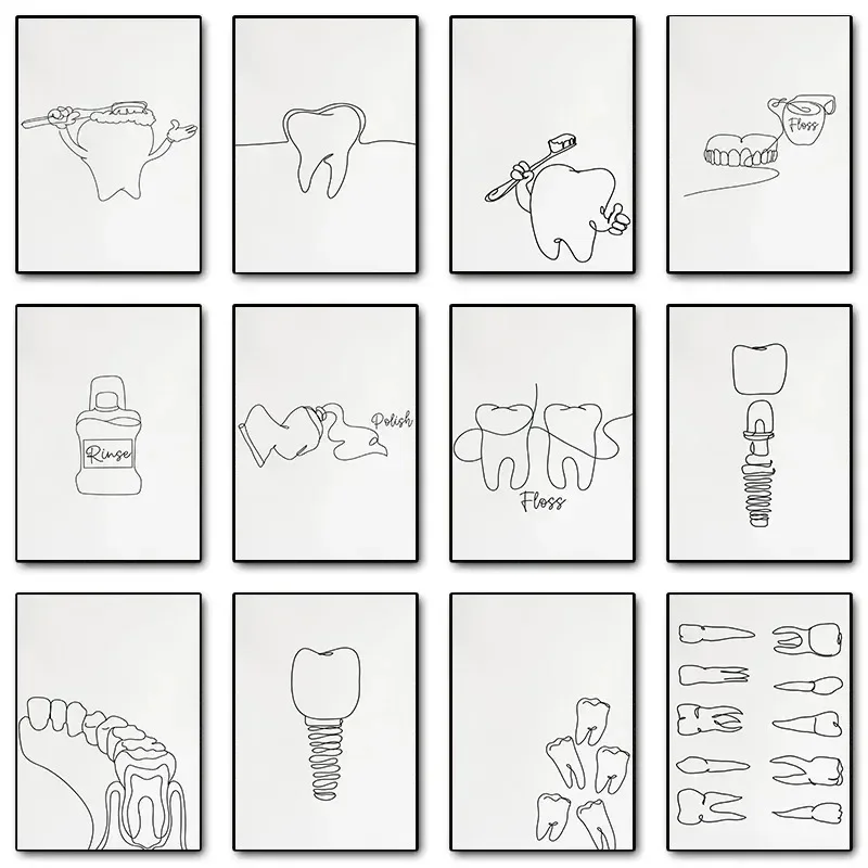 1pc frameless Canvas Painting Canvas Painting Wall Art  Picture Minimalist Black Tooth Line Posters Prints Dentist Teeth Simple