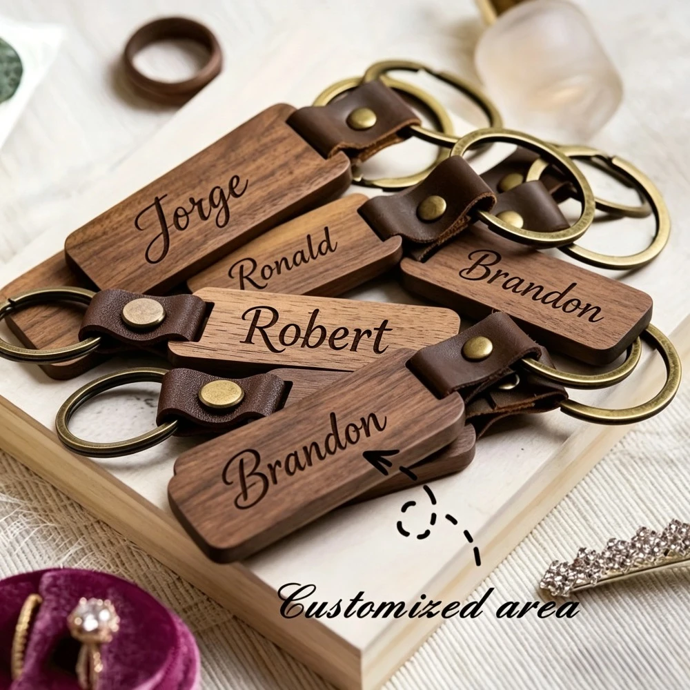 1/5 Stück Kostenlos Anpassbarer Text Massivholz-Leder-Schlüsselanhänger, Personalisierter Namens-Schlüsselring für Autoschlüssel, Modischer Taschenanhänger Holz-Geschenkanhänger