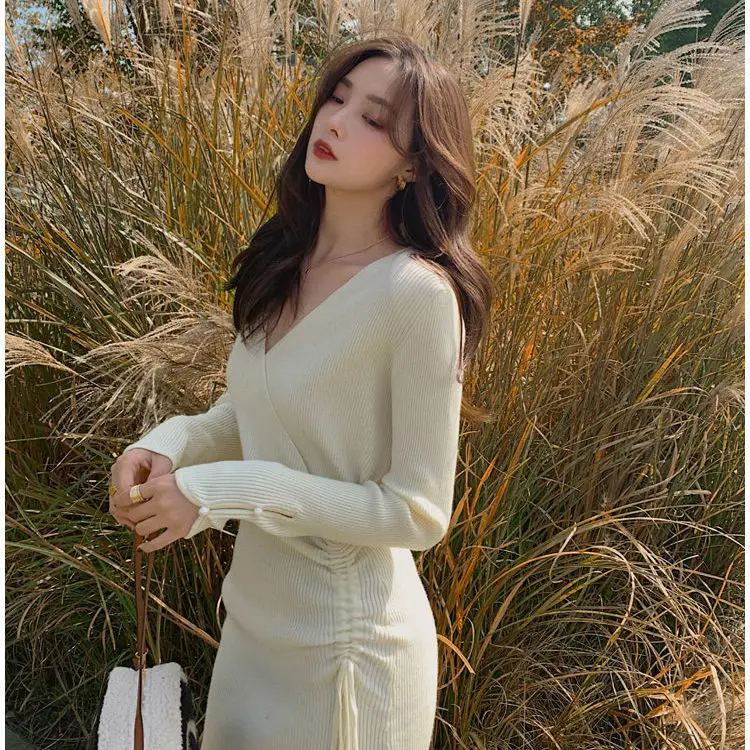 Vintage Knitted Bodycon Sweater Dress For Women Winter Korean Fashion Robe Woman Sexy Aesthetic Elegant Long Casual Dresses