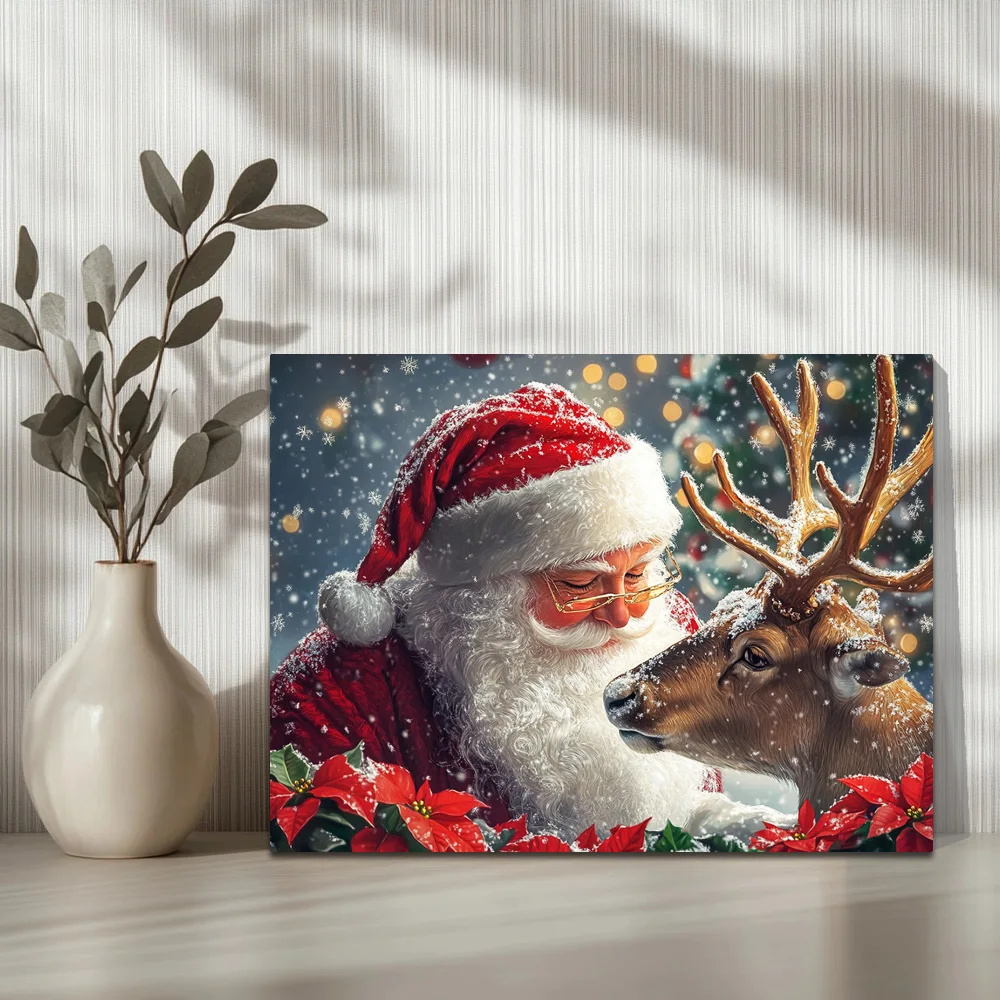 1pc,Santa Claus Caresses The Deer's Head D,  Waterproof Wall Painting Poster Picture Art,Holiday Gift,  Framed, 16x12inch