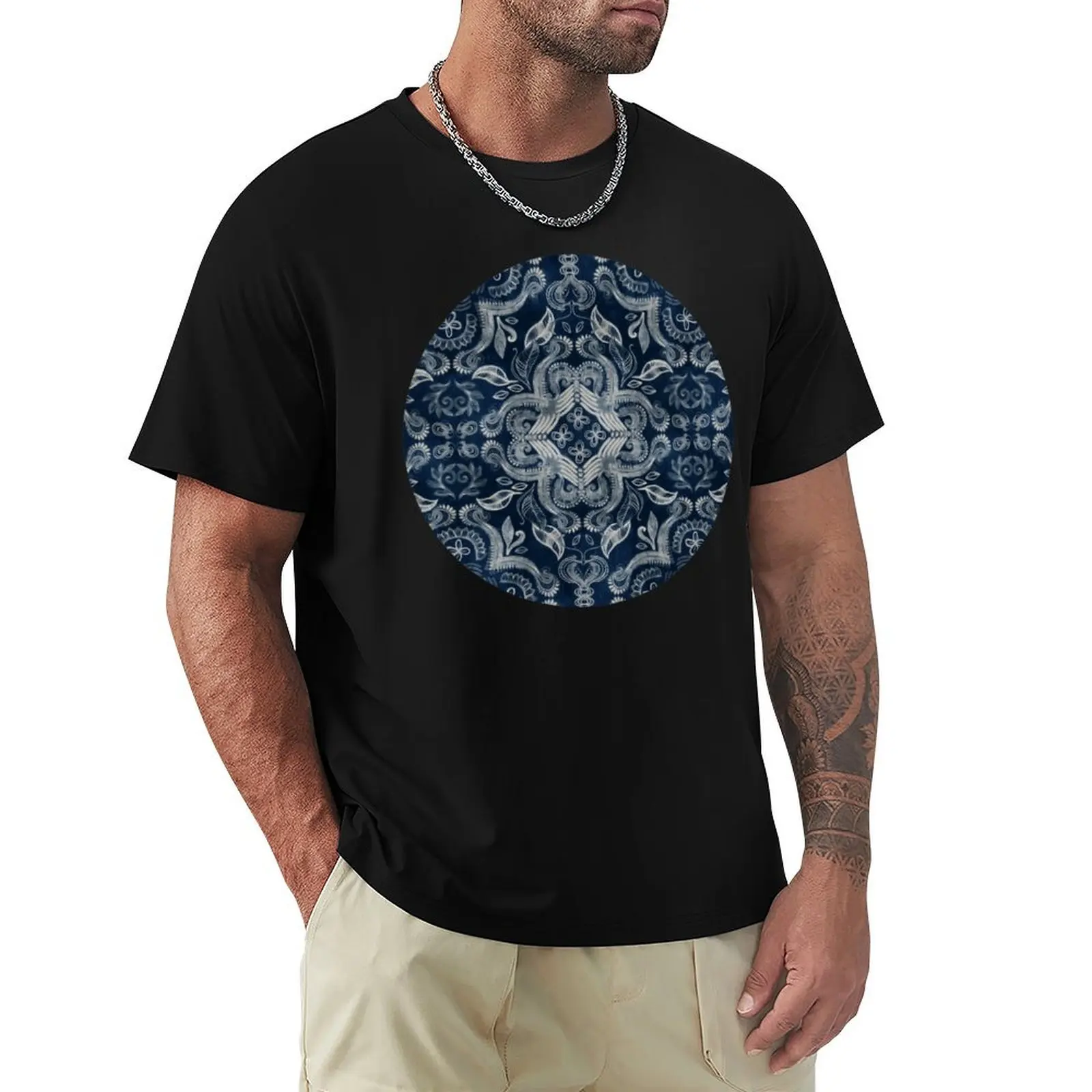 Indigo blue dirty denim textured boho pattern T-Shirt Casual Pattern Print Tee Shirt