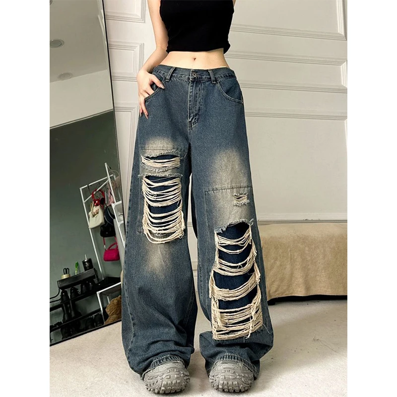 MEXZT Y2K Ripped Jeans Women Vintage Oversized Black Wide Leg Denim Pants Harajuku Streetwear Gothic High Waist Baggy Trousers