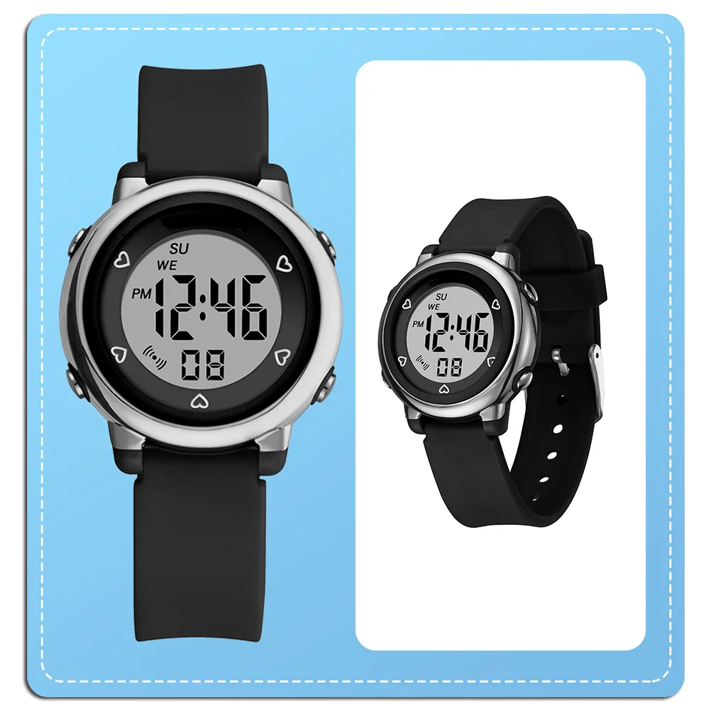 1Pcs Waterproof Electronic Watch Black Student LED Luminous Multi-Function Time Alarm Glow in Dark for Women Daily