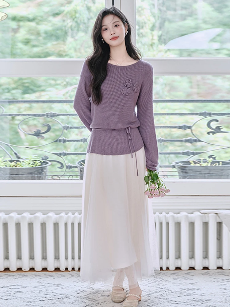 

Элегантный вязаный комплект: свитер и юбка миди с завышенной талией в китайском стиле, облегающий, из двух предметов, для весны