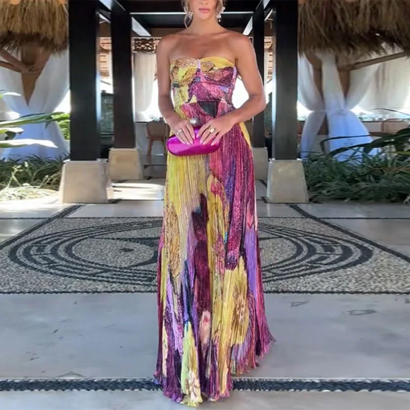 Nuovo elegante abito da festa con stampa pieghettata senza maniche Moda donna Abiti a vita alta vuoti Abiti 2025 Abito estivo sexy con fionda Boho