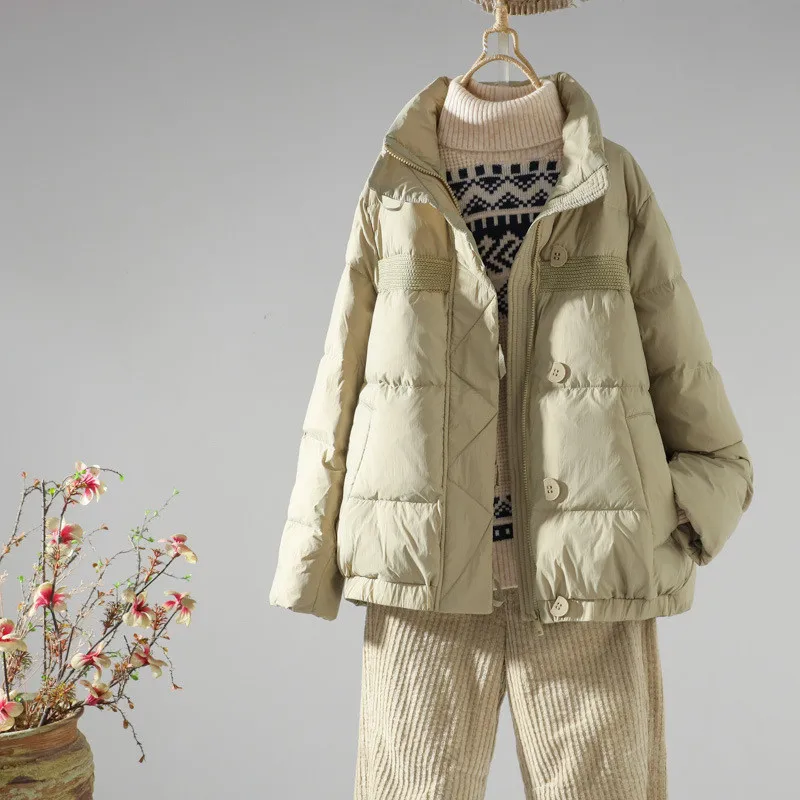 

Autumn Winter Women Stand Collar Thick Down Coat Warm White Duck Down Jacket Parkas Female Casual Loose Short Puffer Outwears