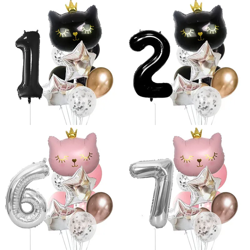 12pcs Cat Birthday Party Balloon Set Black Silver Number 0-9 Years Old Party Decoration Balloon Set Crown Cat Balloon Package