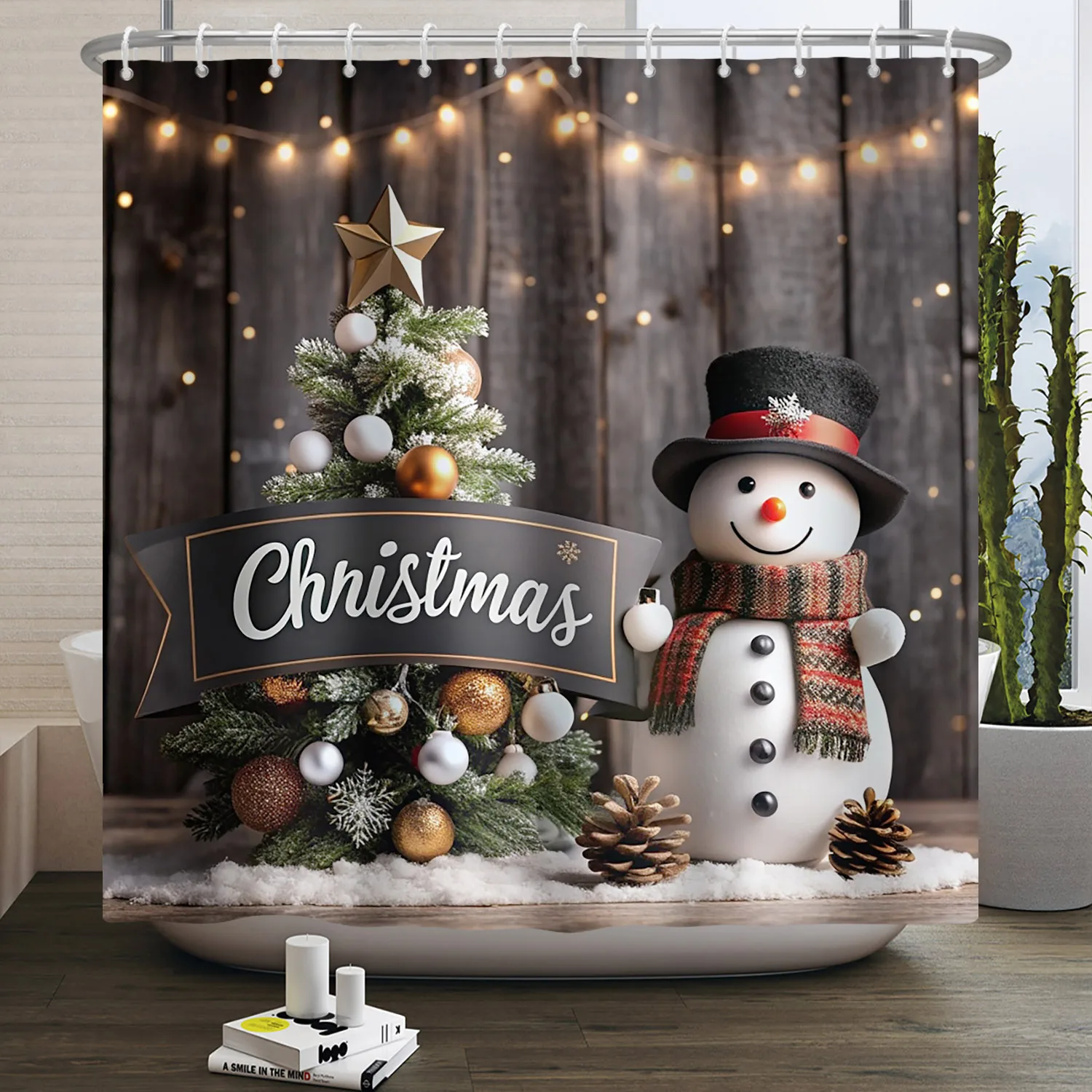 Christmas Snowman Shower Curtain Winter Snow Christmas Tree Balls Decor Bathroom Partition Waterproof Hanging Curtain With Hooks