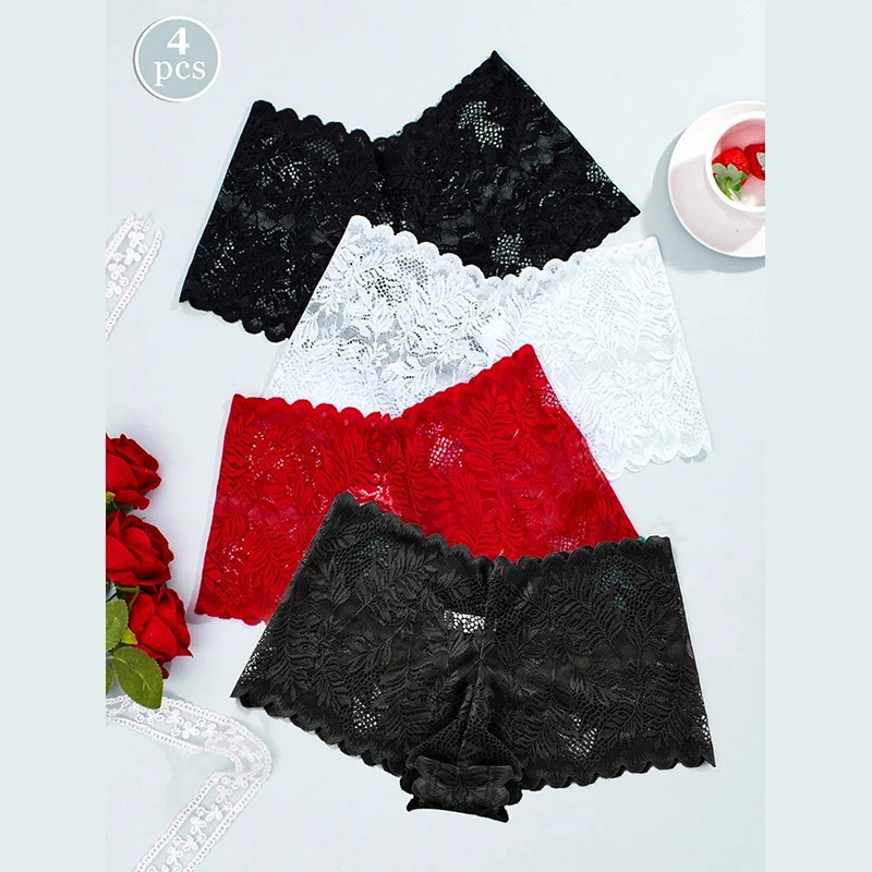 4Pcs  Lingerie Women Floral Lace Panties Low Waist Briefs Soft Comfortable Female Underwear Girls Intimates Panties