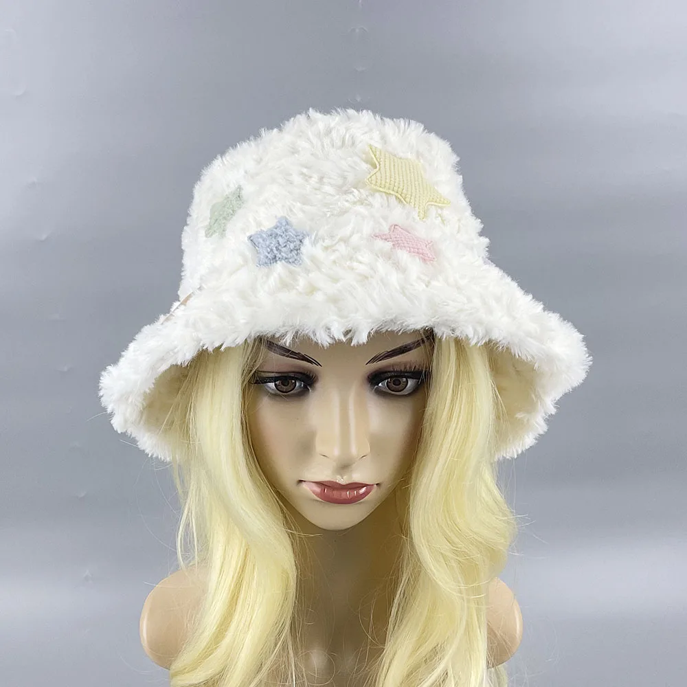 2024 Winter Lovely Bucket Star Fluffy Wide Brim Soft Thickened Faux Imitation Wool Fur Hat  Plush Thermal Women's Fisherman Cap