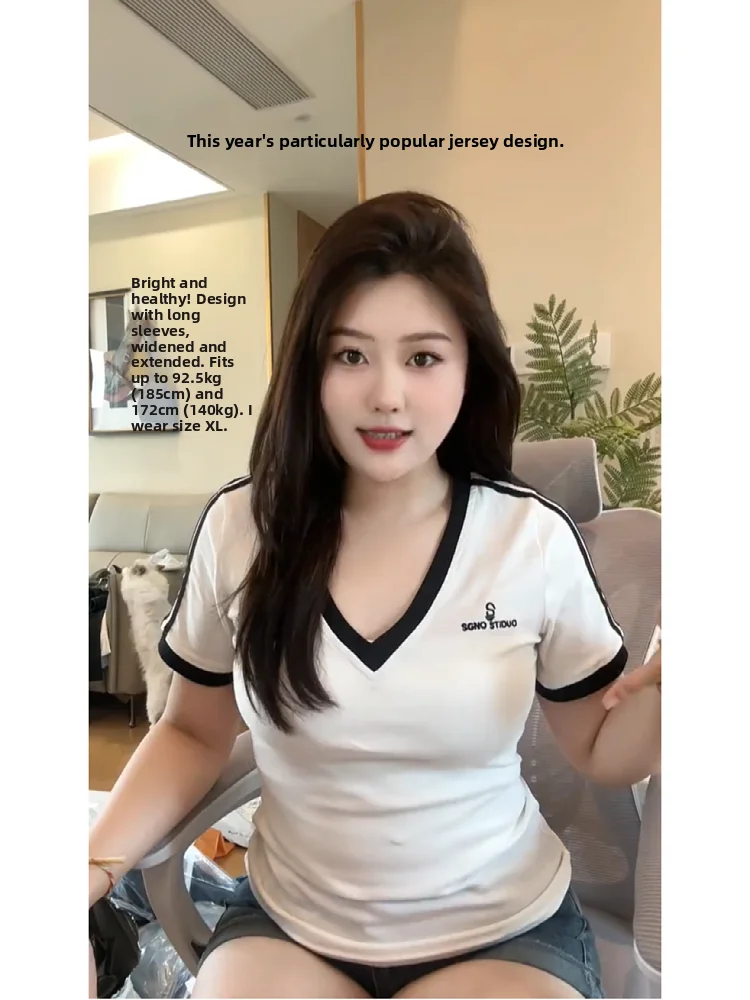 

Женская футболка больших размеров V-Ne ort Sve, корейский летний новый дизайн, чувственный топ с ор-образным плечом Faion