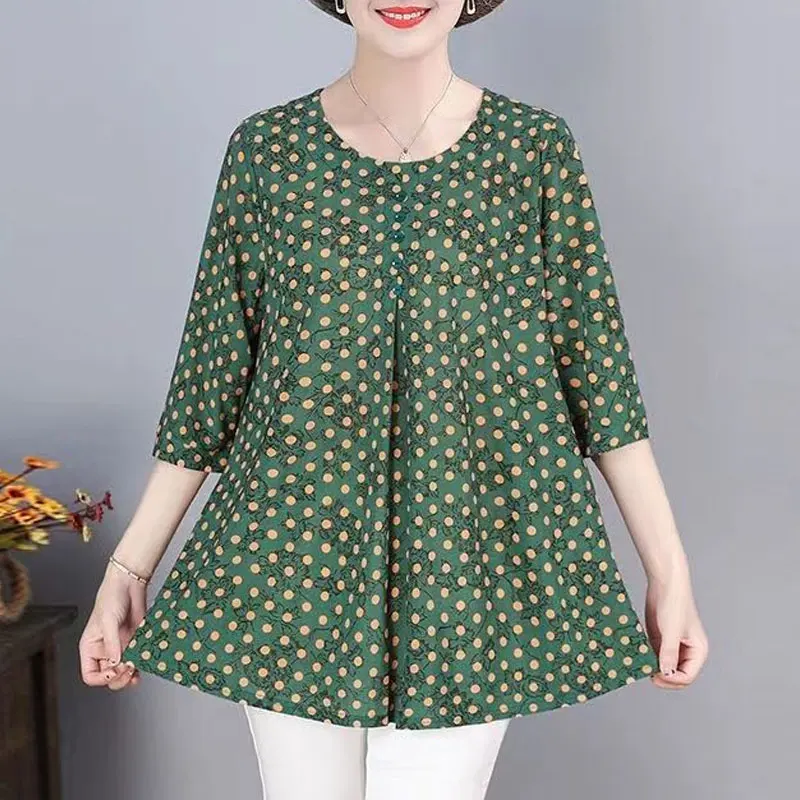 2023 Casual Vintage Polka Dot Half Sleeve T-shirt Fashion Round Neck Tops Button Summer Loose Female Clothing Commute Pullovers