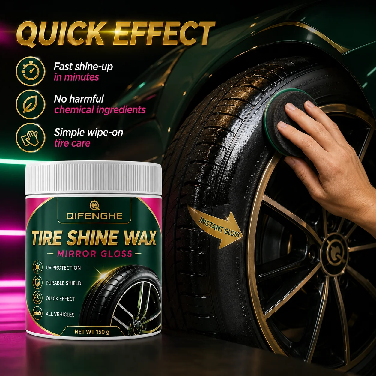 Instant Mirror Gloss Tire Shine Wax Professional UV Shield Dirt Repellent Renews Aging Rubber for All Vehicles