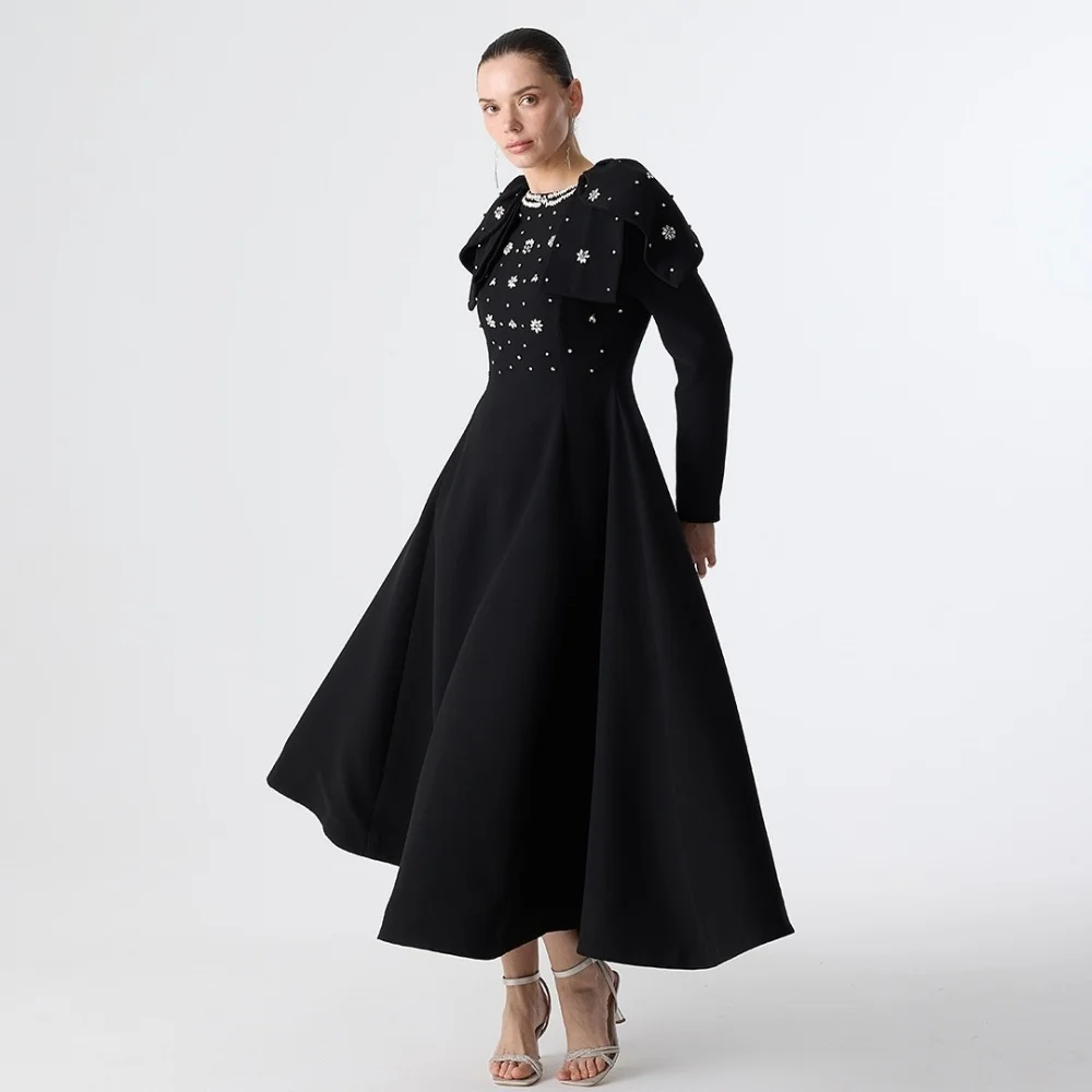 

Элегантное вечернее платье на заказ с длинными рукавами, стразами, плиссировкой, А-силуэта, миди, для торжественных мероприятий, высокое качество