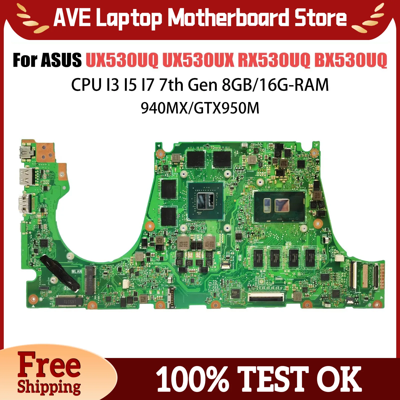 

Материнская плата для ноутбука Dinzi UX530UQ_UX Asus UX530U UX530UQ UX530UN UX530UR UX530UX I3 I5I7 GTX940M 16 ГБ 100% рабочая