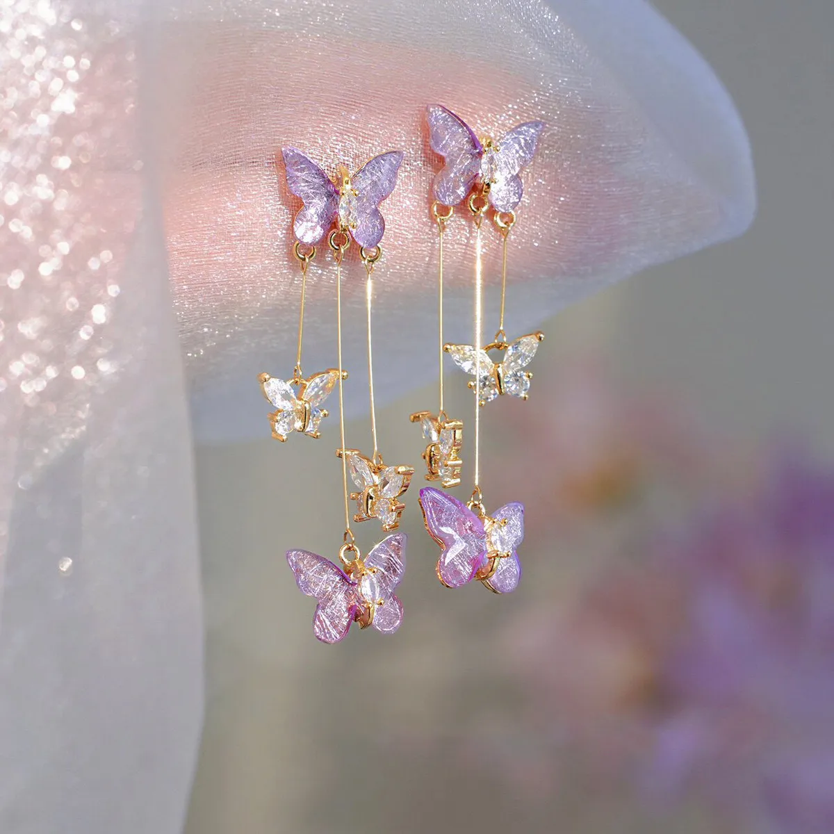 Clip on Earrings Purple Butterfly Flower Long Tassel Fairy Crystal Pearl Non Pierced Ear Clips for Women Bridal Wedding Party - view 6