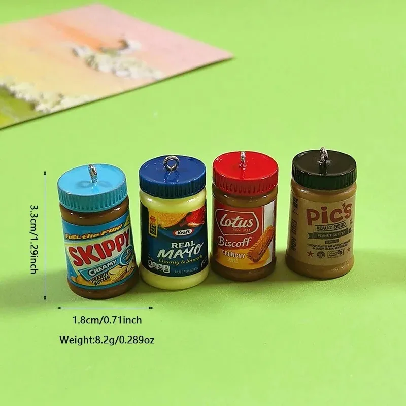 10 pièces/paquet Breloques miniatures en résine 3D en forme de bouteille de beurre de cacahuète et de salade pour la création de porte-clés, colliers et bijoux DIY