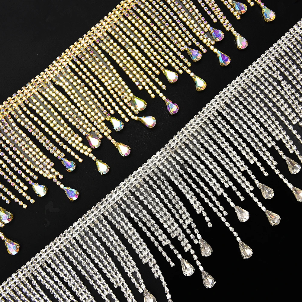 Diy Glass Teardrop Rhinestone Fringing Crystal Chain Strass Tassels Wedding Decoration Sew On Garment Banding Necklace Trim