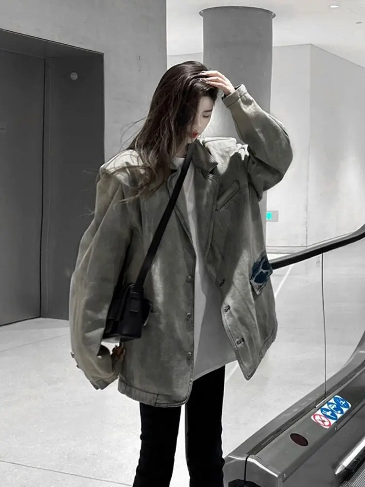 

Джинсовое пальто, уникальная весенне-летняя женская куртка, женская осенняя пуховая куртка на пуговицах, профессиональная повседневная функциональная куртка с надрезом и бисером