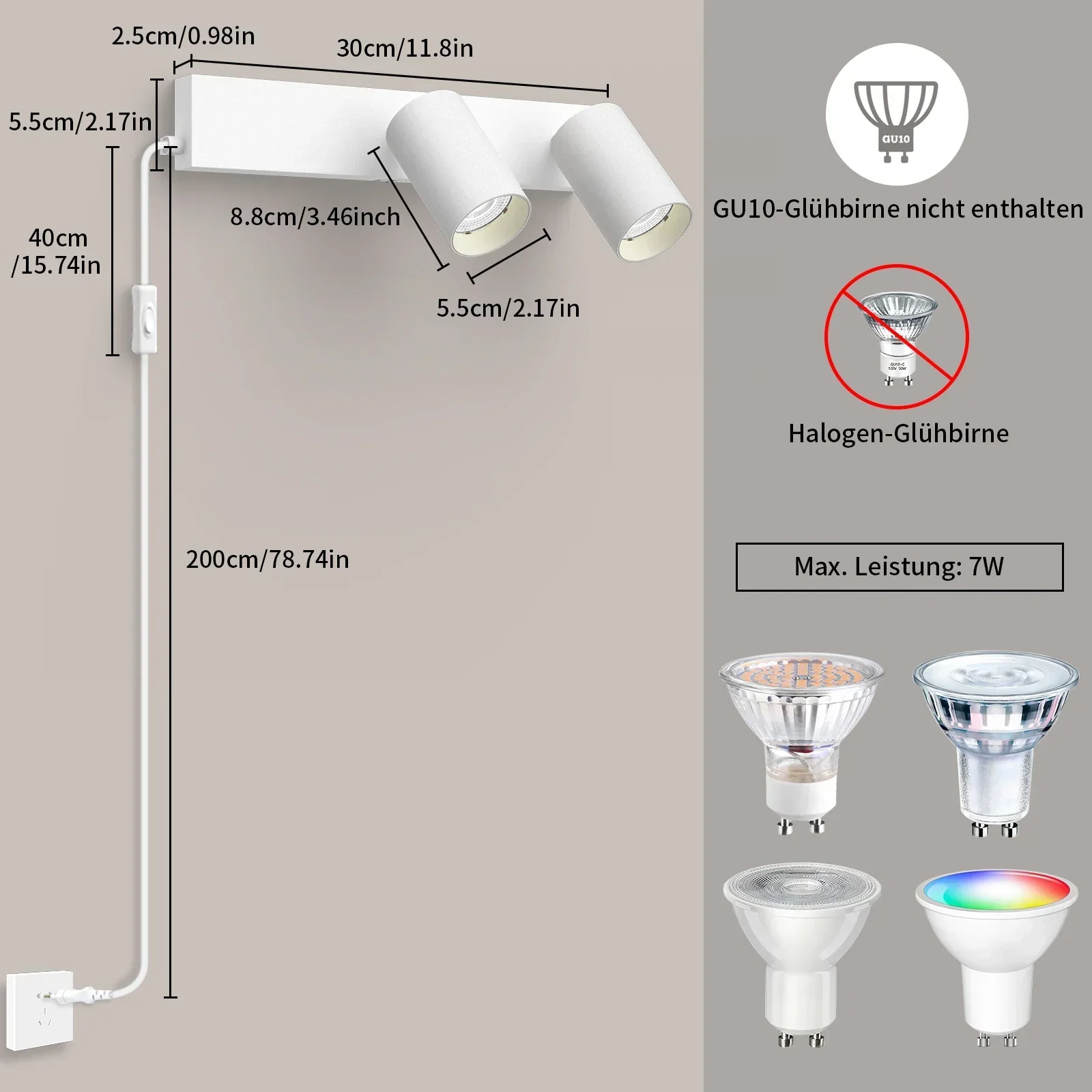 Wall light with switch indoor spotlight 2 spots GU10 with switch and plug white wall lamp rotatable 350° without bulb