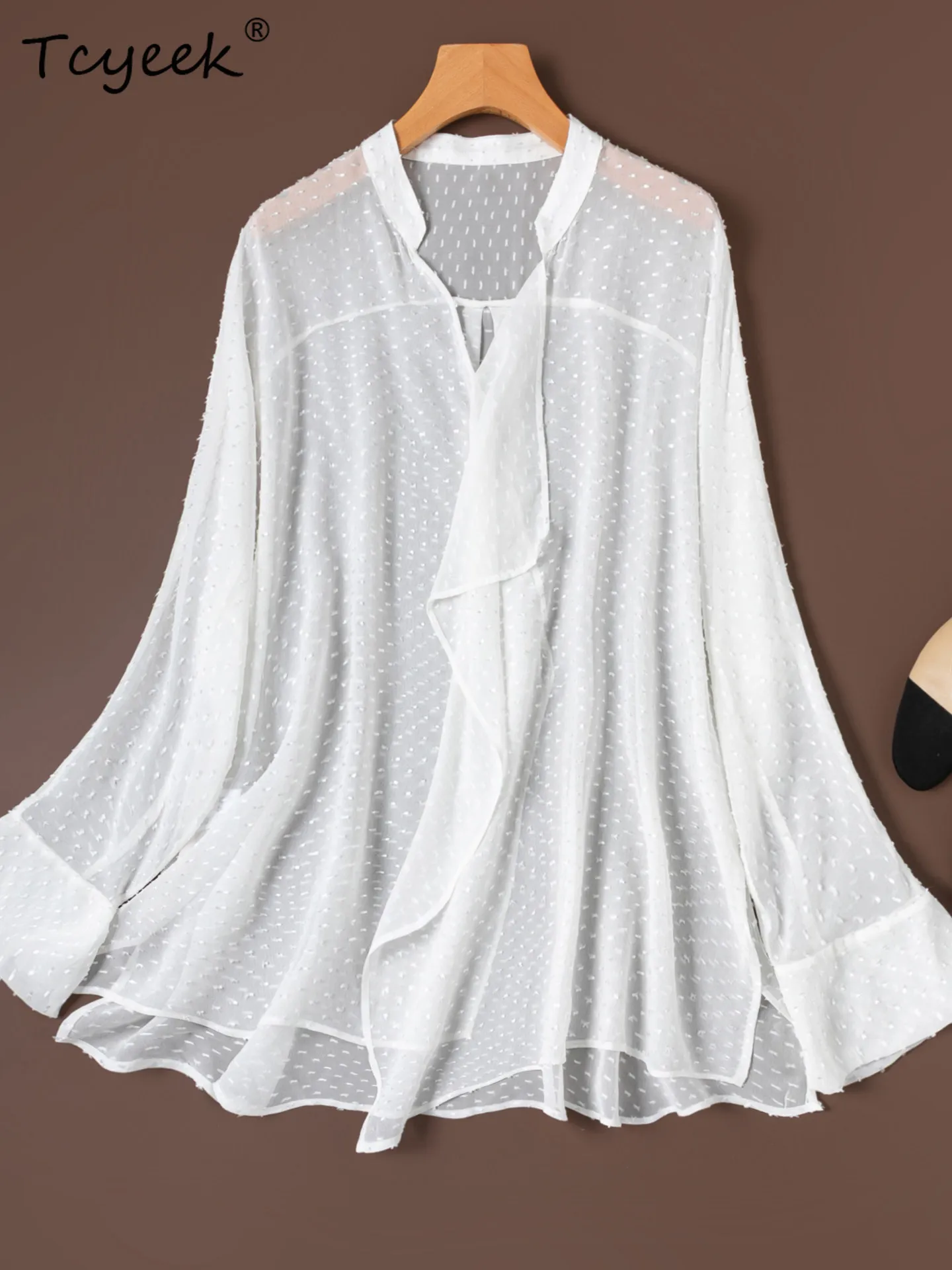 

Tcyeek 100% Mulberry Silk Blouse Summer Clothes Elegant Womens Blouses Long Sleeve Top Women Pullover Mid-length Блузка Женская