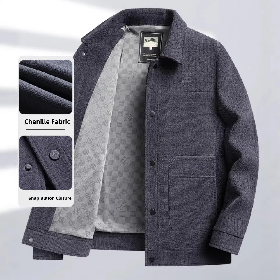 

Spring 2026 Midlife Dad Jacket Snell Placket Men's Spring Autumn Wear Slim Fit Polyester Blend Long Sleeve Button Closure